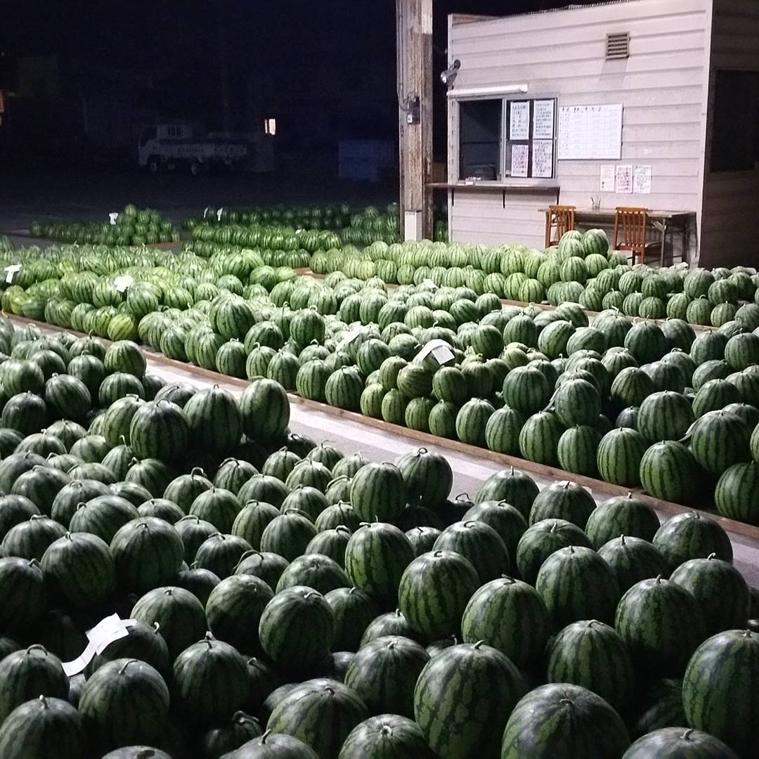 夜の市場。スイカの山。