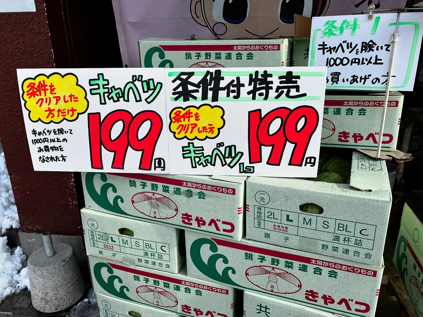 キャベツが199円税込みになるよ〜
1個299円のキャベツを条件クリアで199円に️
詳しくは店頭にて