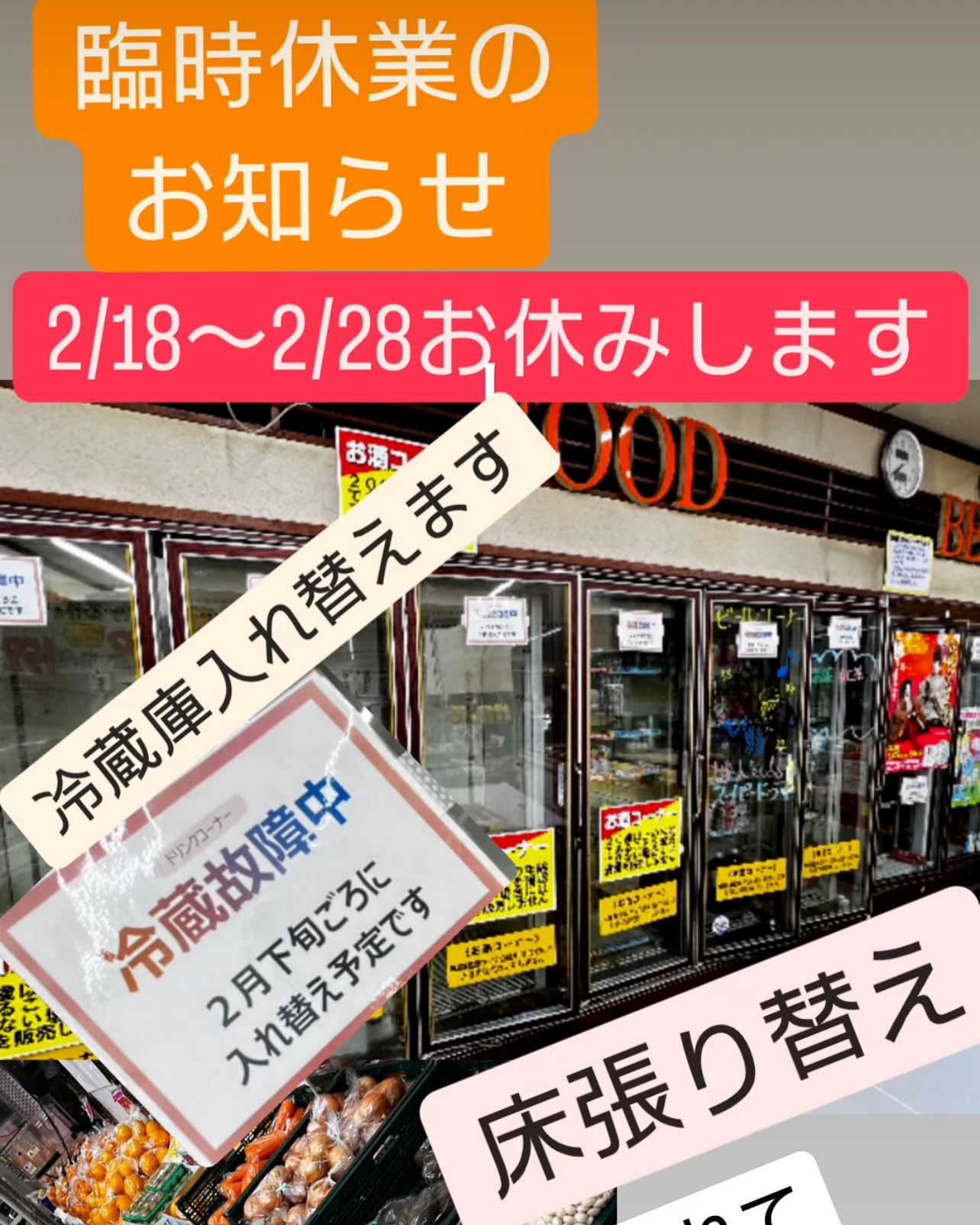 臨時休業のお知らせ
2/18〜2/28
店舗改装のため
お休みします
現在の店舗は昭和53年に道路拡張で建て替え、47年間頑張ってきましたが、床が磨耗しコンクリート露出、冷蔵ショーケースの故障等によりお休みをいただいて改装することになりました。
みなさまにはご不便をおかけいたしますが、どうぞよろしくお願いします。
オープンは3/1（土）を予定しています。
なお、改装の状況等は随時お知らせしていこうと思います。
2/15（土）、2/16(日)は閉店セールで在庫を一掃したいと思います。